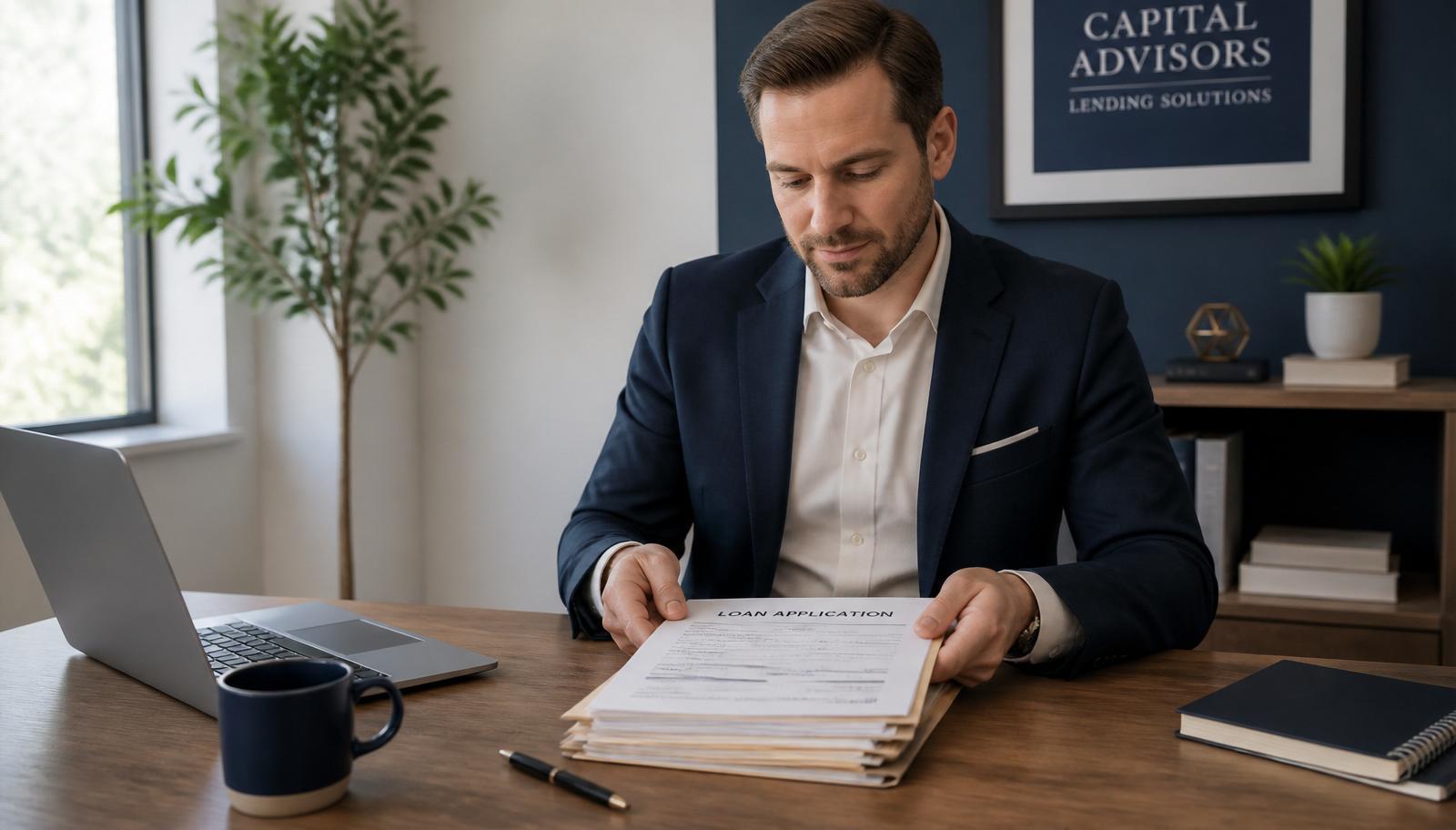 Business owner reviewing organized paperwork in a bright office